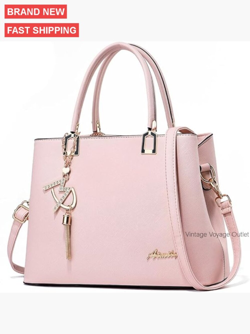 PU Leather Satchel Tote Bag with Removable Strap, 2 Compartments, 5 Pockets